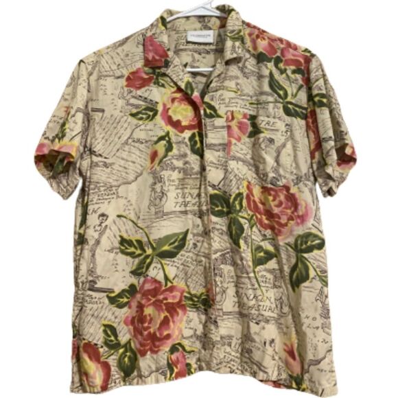 LIZ claiborne Women’s RARE TREASURE MAP & FLORAL PRINT BUTTON DOWN SHIRT Sz-M - Picture 1 of 5